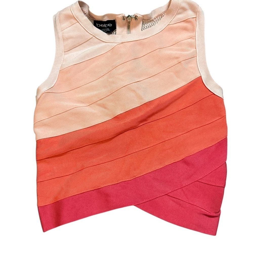 bebe Sleeveless Layered Colorblock Tank in Peach, Coral & Pink